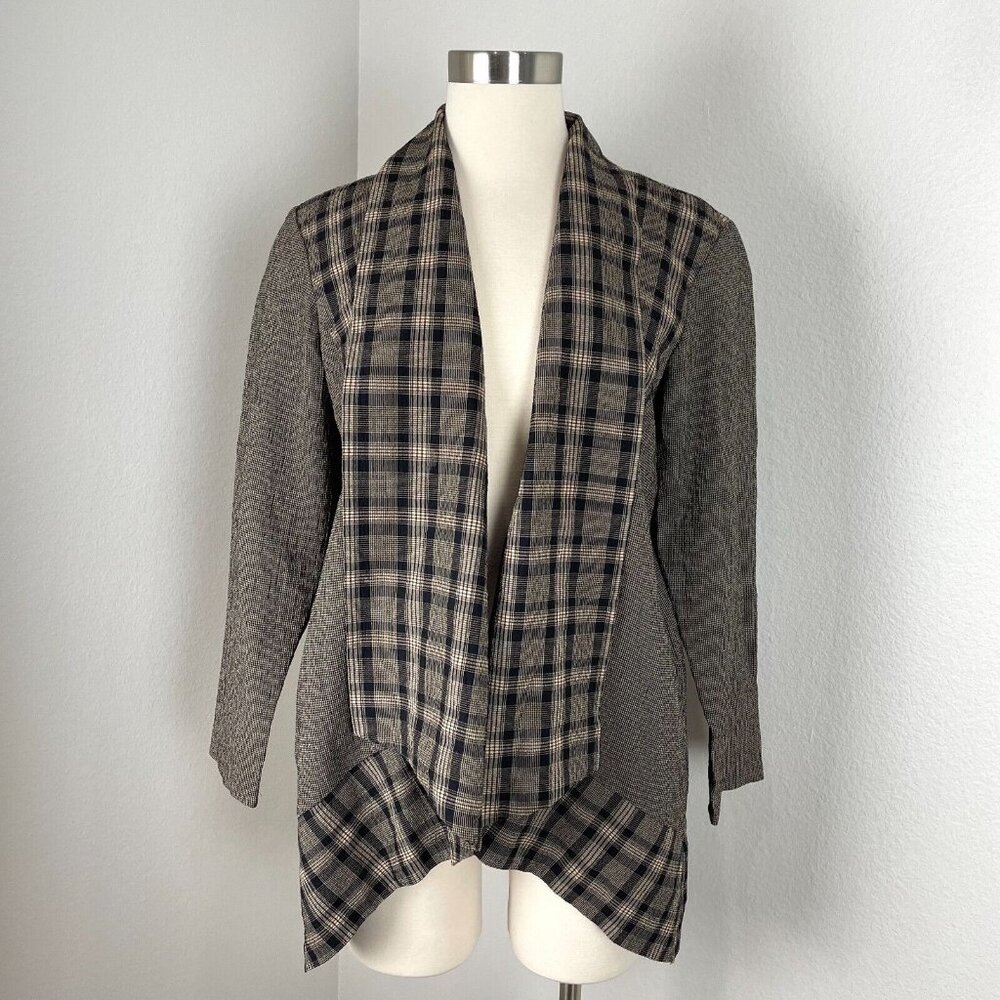 Habitat Clothes to Live In Womans Small Open Jacket Plaid 3/4 Sleeve Lagenlook